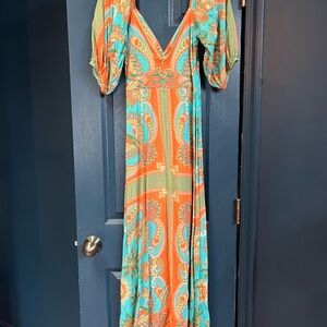 Farm Rio Turquoise and Orange Paisley V-Neck Maxi Dress